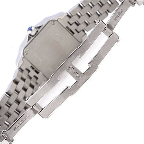 The image shows the back and clasp of a Cartier Santos Demoiselle W25064Z5 Women's Stainless Steel White Dial W25064Z5 Women's Stainless Steel White Dial watch, highlighting the stainless steel bracelet.