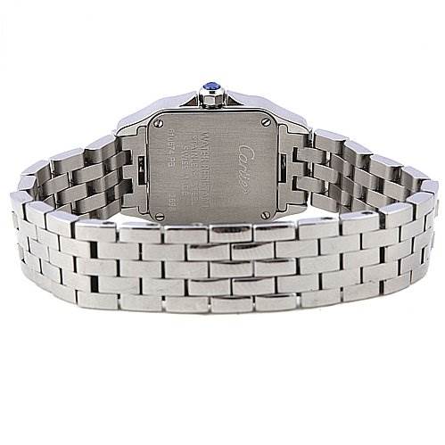 The image shows the back view of a Santos Demoiselle watch by Cartier, highlighting the bracelet and case back.