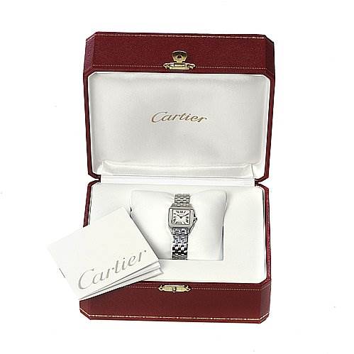 The image shows a Cartier Santos Demoiselle W25064Z5 Women's Stainless Steel White Dial W25064Z5 Women's Stainless Steel White Dial watch inside an open Cartier box, accompanied by a Cartier booklet.