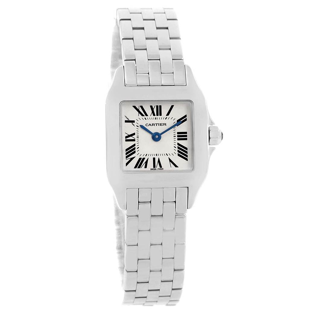 This is a frontal view of the Cartier Santos Demoiselle W25064Z5 Women
s Stainless Steel Silver Dial W25064Z5 Women
s Stainless Steel Silver Dial watch, showing the face, bezel, and metal bracelet.