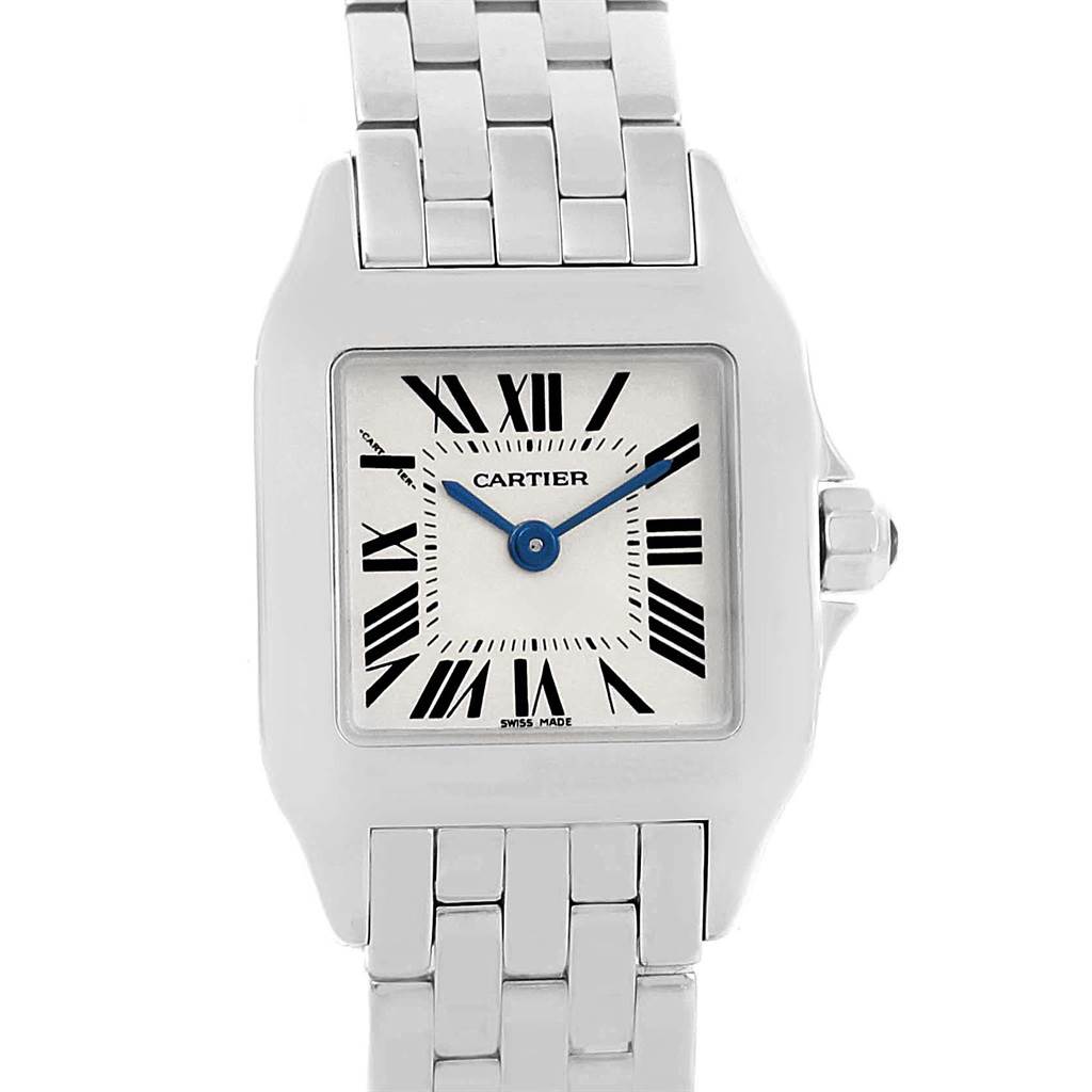 The image shows a frontal view of the Cartier Santos Demoiselle W25064Z5 Women
s Stainless Steel Silver Dial W25064Z5 Women
s Stainless Steel Silver Dial watch, highlighting the dial, case, and part of the bracelet.