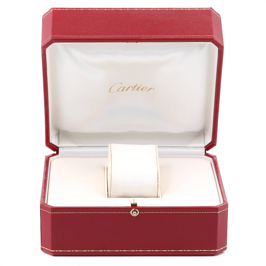 This image shows the open red presentation box for the Cartier Santos Demoiselle WF9002Y7 Women
s Yellow Gold Silver Dial WF9002Y7 Women
s Yellow Gold Silver Dial model watch, displaying a cushioned interior.