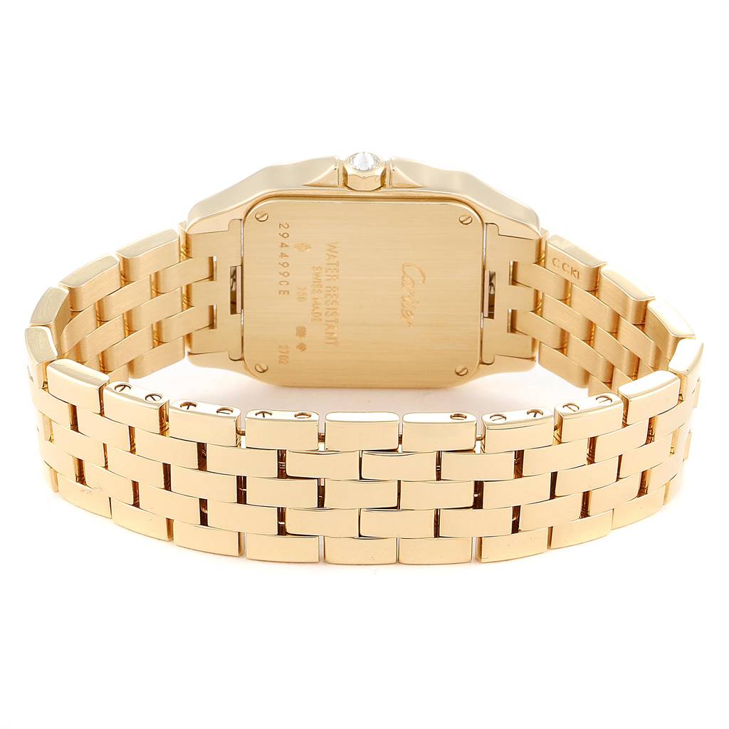 The image shows the back and bracelet of a Cartier Santos Demoiselle WF9002Y7 Women
s Yellow Gold Silver Dial WF9002Y7 Women
s Yellow Gold Silver Dial watch.