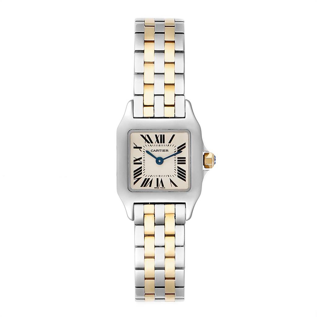The Cartier Santos Demoiselle W25066Z6 Women's Steel and Gold (two tone) Silver Dial W25066Z6 Women's Steel and Gold (two tone) Silver Dial watch is shown from a top-down angle, displaying the face, bezel, and two-tone bracelet.