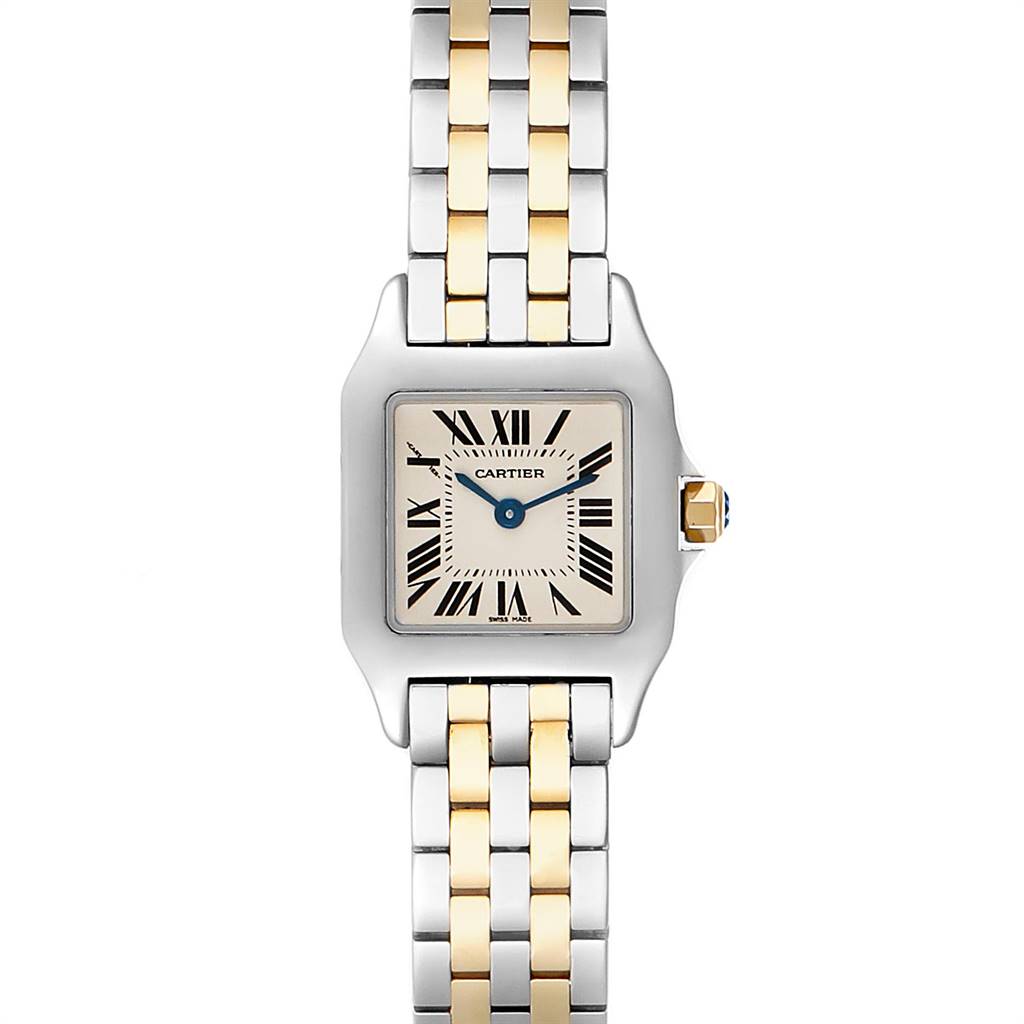 The image shows a Cartier Santos Demoiselle W25066Z6 Women's Steel and Gold (two tone) Silver Dial W25066Z6 Women's Steel and Gold (two tone) Silver Dial watch from a front angle, highlighting its face, bezel, and dual-tone bracelet.