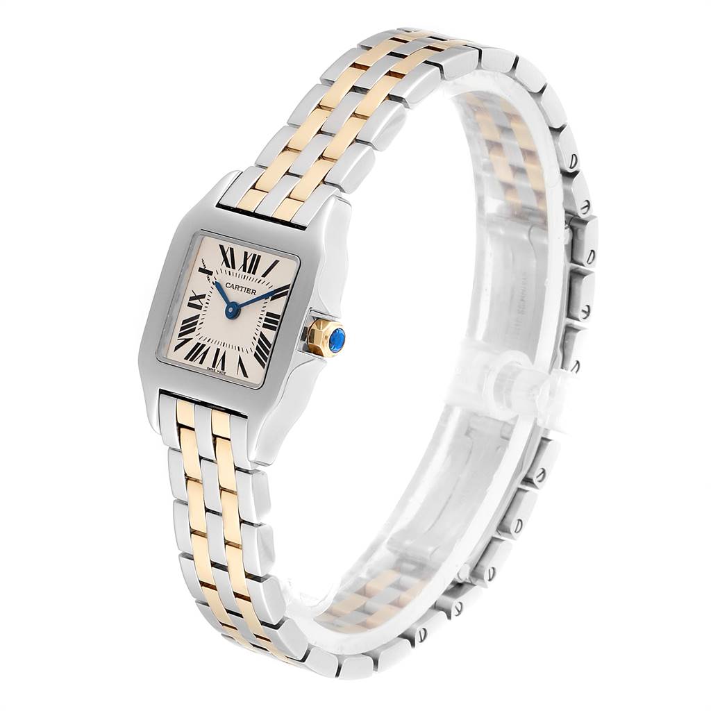 The image shows a Santos Demoiselle model by Cartier at an angled view, highlighting its face, crown, and two-tone bracelet.