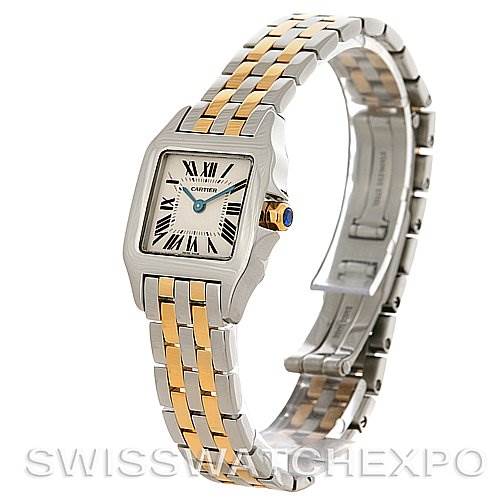 The image shows a Cartier Santos Demoiselle W25066Z6 Women's Steel and Gold (two tone) Silver Dial W25066Z6 Women's Steel and Gold (two tone) Silver Dial watch from an angled front view, highlighting the face and two-tone bracelet.