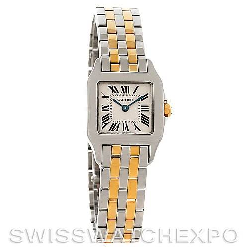 The image shows a Cartier Santos Demoiselle W25066Z6 Women's Steel and Gold (two tone) Silver Dial W25066Z6 Women's Steel and Gold (two tone) Silver Dial watch from a front angle, displaying its face and two-tone metal bracelet.