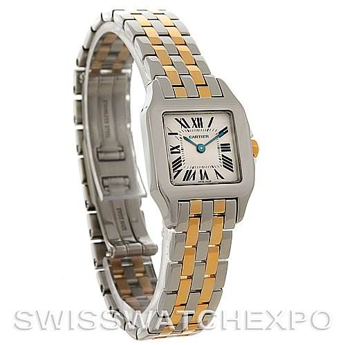 This image shows a Santos Demoiselle watch by Cartier, featuring a two-tone bracelet and the square face with Roman numerals at a slight angle.