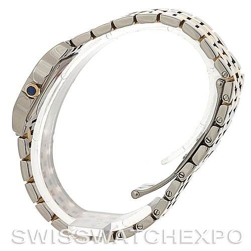 This image shows a side view of a Cartier Santos Demoiselle W25066Z6 Women's Steel and Gold (two tone) Silver Dial W25066Z6 Women's Steel and Gold (two tone) Silver Dial watch with a focus on the bracelet and clasp.