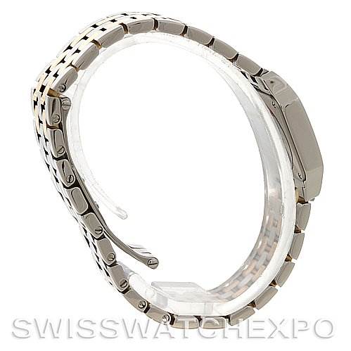The image shows a side view of the Cartier Santos Demoiselle W25066Z6 Women's Steel and Gold (two tone) Silver Dial W25066Z6 Women's Steel and Gold (two tone) Silver Dial watch, highlighting the bracelet and clasp.