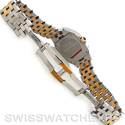 The image shows the clasp and back of the Santos Demoiselle watch by Cartier, with focus on the two-tone metal bracelet.