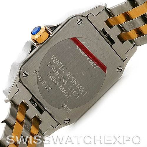 The image shows the back of a Cartier Santos Demoiselle W25066Z6 Women's Steel and Gold (two tone) Silver Dial W25066Z6 Women's Steel and Gold (two tone) Silver Dial watch, showcasing the stainless steel case and part of the wristband.