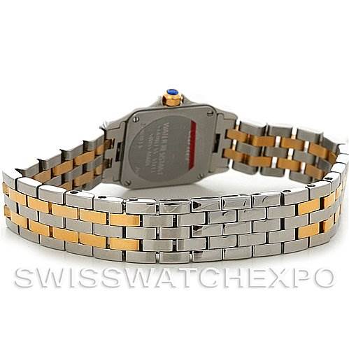 The image shows the back and bracelet of the Cartier Santos Demoiselle W25066Z6 Women's Steel and Gold (two tone) Silver Dial W25066Z6 Women's Steel and Gold (two tone) Silver Dial watch, highlighting the two-tone metal links.
