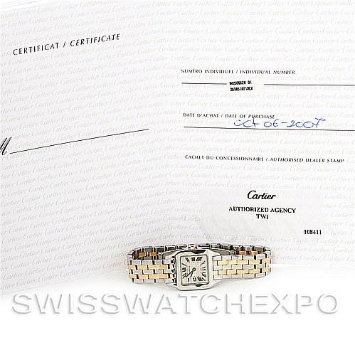 The image shows the Cartier Santos Demoiselle W25066Z6 Women's Steel and Gold (two tone) Silver Dial W25066Z6 Women's Steel and Gold (two tone) Silver Dial watch, displayed with its certificate of authenticity and purchase documents.