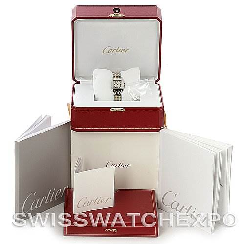 The image shows a Cartier Santos Demoiselle W25066Z6 Women's Steel and Gold (two tone) Silver Dial W25066Z6 Women's Steel and Gold (two tone) Silver Dial watch with its box, packaging, and accompanying booklets.