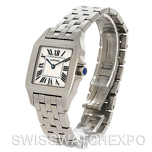 The image shows a side angle of the Cartier Santos Demoiselle W25065Z5 Women's Steel and Gold (two tone) Silver Dial W25065Z5 Women's Steel and Gold (two tone) Silver Dial watch, focusing on its face and partially open metal bracelet.