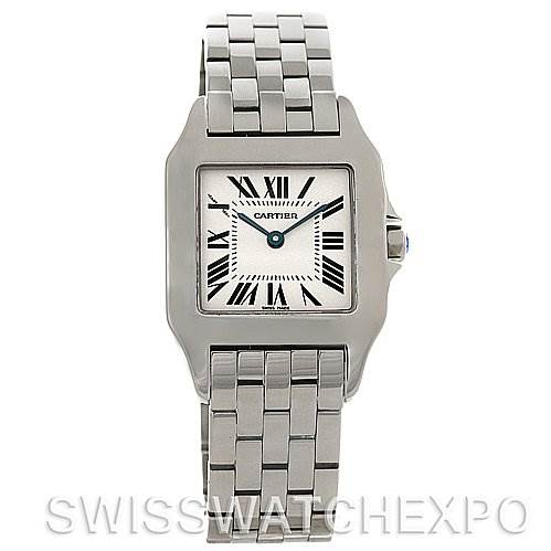 The image shows a front view of the Santos Demoiselle model by Cartier, displaying its square dial, Roman numerals, and metal bracelet.