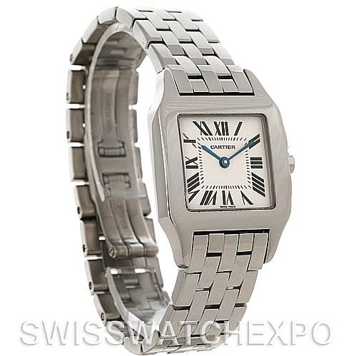 The image shows a Santos Demoiselle by Cartier at an oblique angle, highlighting the front face and the bracelet.