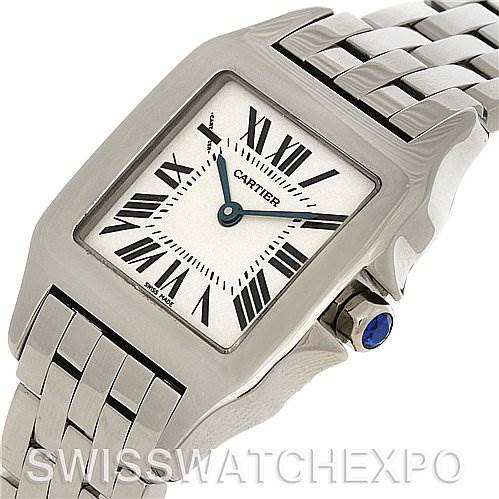 The image shows a frontal angle of the Cartier Santos Demoiselle W25065Z5 Women's Steel and Gold (two tone) Silver Dial W25065Z5 Women's Steel and Gold (two tone) Silver Dial watch, highlighting its face, bezel, and metal bracelet.