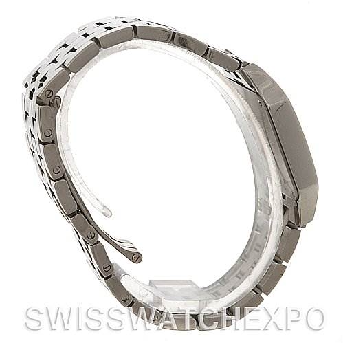 The image shows a side view of the Cartier Santos Demoiselle W25065Z5 Women's Steel and Gold (two tone) Silver Dial W25065Z5 Women's Steel and Gold (two tone) Silver Dial watch, highlighting the bracelet and part of the watch case.