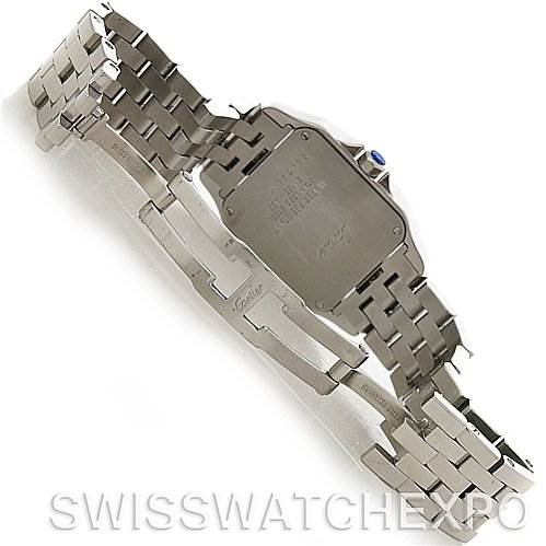 The image shows the case back and metal bracelet of the Cartier Santos Demoiselle W25065Z5 Women's Steel and Gold (two tone) Silver Dial W25065Z5 Women's Steel and Gold (two tone) Silver Dial watch, viewed from the underside.