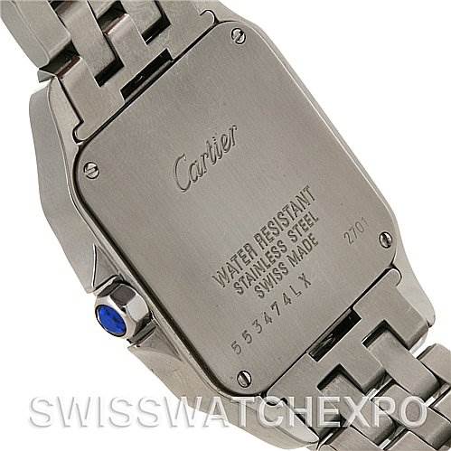 This image shows the back of a Santos Demoiselle watch by Cartier, highlighting the caseback and part of the bracelet.