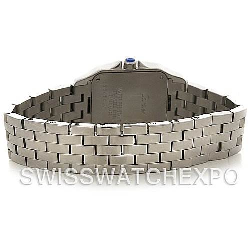 This image shows the back of the Santos Demoiselle watch by Cartier, focusing on the metal bracelet and case back.