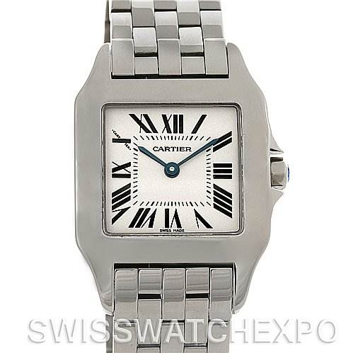 The image shows a front view of a Santos Demoiselle model by Cartier, highlighting its square dial and metal bracelet.