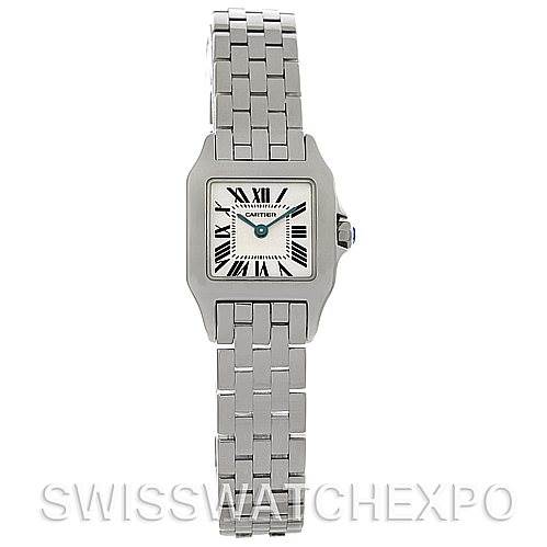 The image shows a front view of the Cartier Santos Demoiselle W25064Z5 Women
s Stainless Steel Silver Dial W25064Z5 Women
s Stainless Steel Silver Dial watch, featuring its dial, bracelet, and casing.