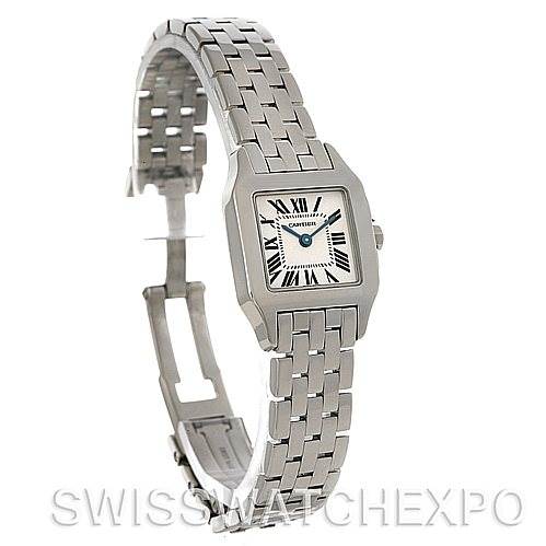 The image shows a Cartier Santos Demoiselle W25064Z5 Women
s Stainless Steel Silver Dial W25064Z5 Women
s Stainless Steel Silver Dial watch at an angle displaying the bracelet, case, dial, and crown.