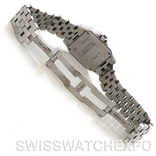 The image shows the Santos Demoiselle model by Cartier from the back, highlighting the clasp, bracelet, and case back.