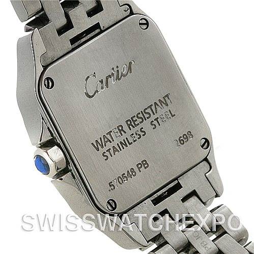 The image shows the stainless steel case back and part of the bracelet of the Cartier Santos Demoiselle W25064Z5 Women
s Stainless Steel Silver Dial W25064Z5 Women
s Stainless Steel Silver Dial watch.