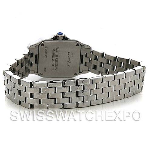 The image shows the back view of a Santos Demoiselle watch by Cartier with its stainless steel bracelet fully extended.