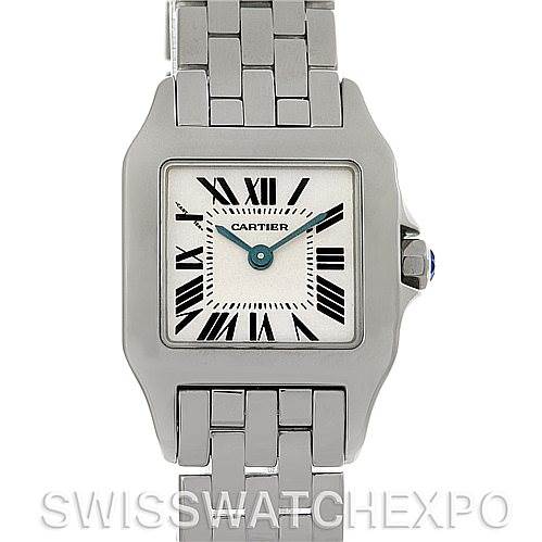 The image shows a frontal view of the Cartier Santos Demoiselle W25064Z5 Women
s Stainless Steel Silver Dial W25064Z5 Women
s Stainless Steel Silver Dial watch, focusing on the watch face and part of the metal bracelet.