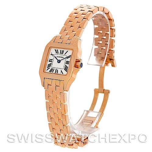 This image displays the Cartier Santos Demoiselle W25077X9 Women
s Rose Gold Silver Dial W25077X9 Women
s Rose Gold Silver Dial watch at an angled side view, showcasing its bracelet, case, and dial with Roman numerals.