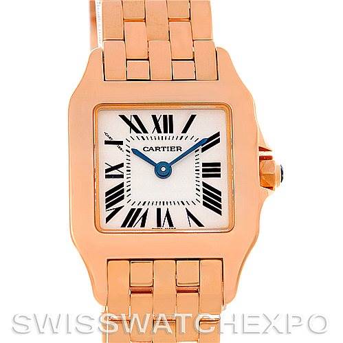 The image shows a Cartier Santos Demoiselle W25077X9 Women
s Rose Gold Silver Dial W25077X9 Women
s Rose Gold Silver Dial watch, featuring the face, bezel, and part of the rose gold bracelet.