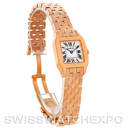 The image shows a side view of the Cartier Santos Demoiselle W25077X9 Women
s Rose Gold Silver Dial W25077X9 Women
s Rose Gold Silver Dial watch, highlighting its rectangular face and linked bracelet.