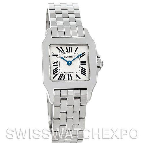The image shows a front angle of the Cartier Santos Demoiselle W25064Z5 Women's Stainless Steel Silver Dial W25064Z5 Women's Stainless Steel Silver Dial watch, featuring the face, bezel, and bracelet.