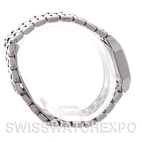 The image shows a side view of the Santos Demoiselle watch by Cartier, focusing on the bracelet and case.