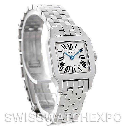 The image shows a Cartier Santos Demoiselle W25064Z5 Women's Stainless Steel Silver Dial W25064Z5 Women's Stainless Steel Silver Dial watch from an angled side view, highlighting the face, bezel, and bracelet.