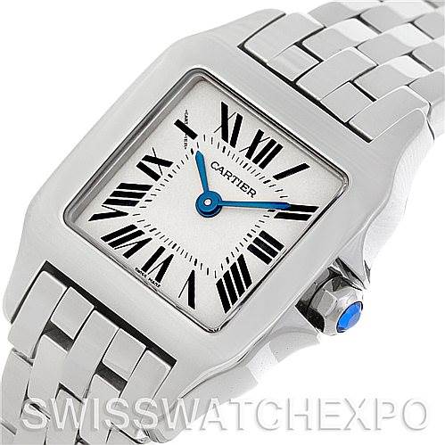 This image shows a close-up angle of the Cartier Santos Demoiselle W25064Z5 Women's Stainless Steel Silver Dial W25064Z5 Women's Stainless Steel Silver Dial watch, featuring its square dial, Roman numerals, and metal bracelet.