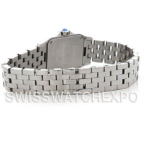 This image shows the back side and bracelet of a Cartier Santos Demoiselle W25064Z5 Women's Stainless Steel Silver Dial W25064Z5 Women's Stainless Steel Silver Dial watch at a slight diagonal angle.