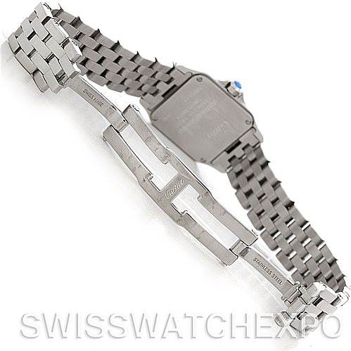 This image shows the underside and clasp of the Cartier Santos Demoiselle W25064Z5 Women's Stainless Steel Silver Dial W25064Z5 Women's Stainless Steel Silver Dial watch, highlighting the bracelet and clasp mechanism.