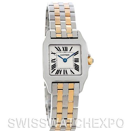The image shows a front view of the Cartier Santos Demoiselle W25066Z6 Women's Steel and Gold (two tone) Silver Dial W25066Z6 Women's Steel and Gold (two tone) Silver Dial watch, displaying its face, bezel, and two-tone bracelet.