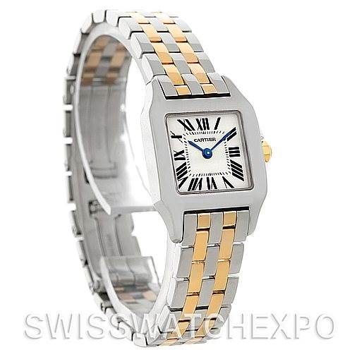 The image shows a Cartier Santos Demoiselle W25066Z6 Women's Steel and Gold (two tone) Silver Dial W25066Z6 Women's Steel and Gold (two tone) Silver Dial watch at a slight angle, highlighting its two-tone bracelet, bezel, and Roman numeral dial.