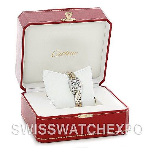 The Cartier Santos Demoiselle W25066Z6 Women's Steel and Gold (two tone) Silver Dial W25066Z6 Women's Steel and Gold (two tone) Silver Dial watch is shown in an open red and white Cartier box, highlighting its face and band.