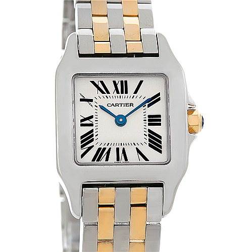 This image shows a frontal view of the Cartier Santos Demoiselle W25066Z6 Women's Steel and Gold (two tone) Silver Dial W25066Z6 Women's Steel and Gold (two tone) Silver Dial watch with a silver and gold bracelet and Roman numeral markers.