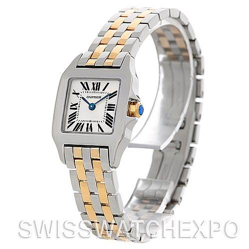 The image shows a Cartier Santos Demoiselle W25066Z6 Women's Steel and Gold (two tone) Silver Dial W25066Z6 Women's Steel and Gold (two tone) Silver Dial watch at a 3/4 angle with a close-up of its face and two-tone metal strap.