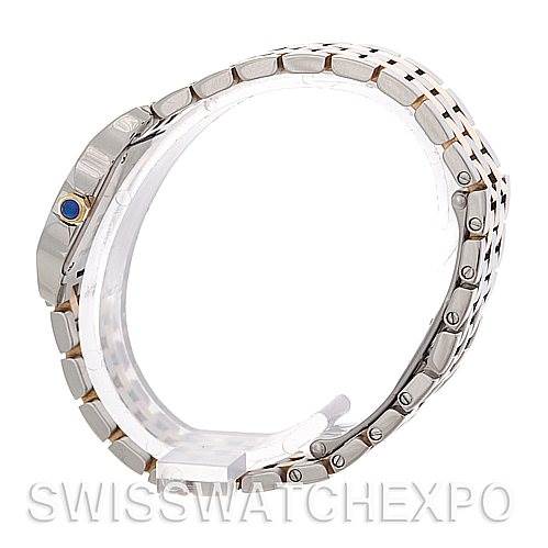 The image shows a side view of the Santos Demoiselle watch by Cartier, highlighting the bracelet and crown.